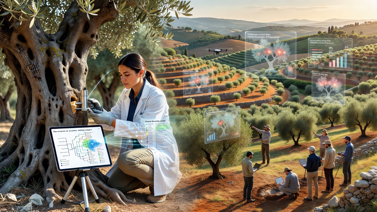 Close-up of olive tree leaves and DNA sequencing equipment used in heritage tree conservation studies