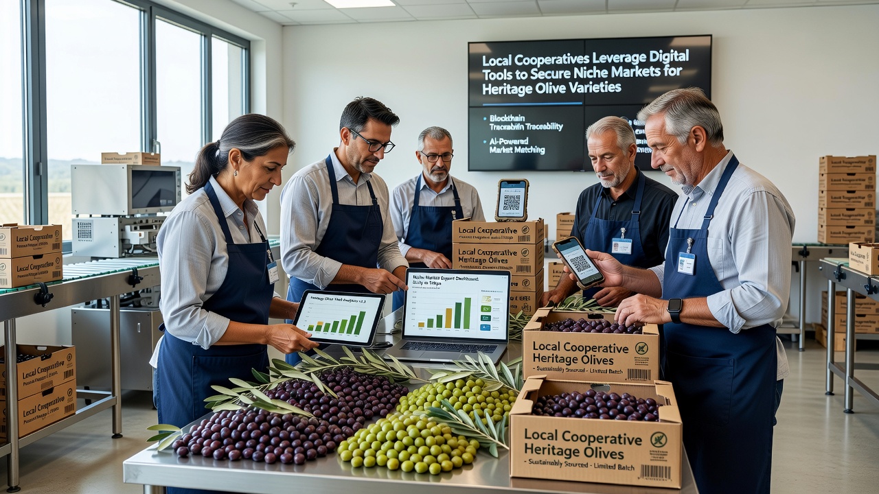Cooperative farmers using tablet devices to update online product listings for rare olive varieties