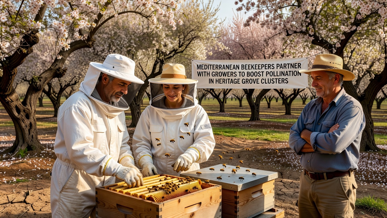 Close-up view of bee activity on olive blossoms in a heritage grove partnership site